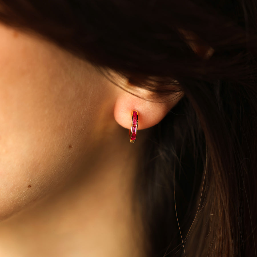 Lab ruby huggie earrings