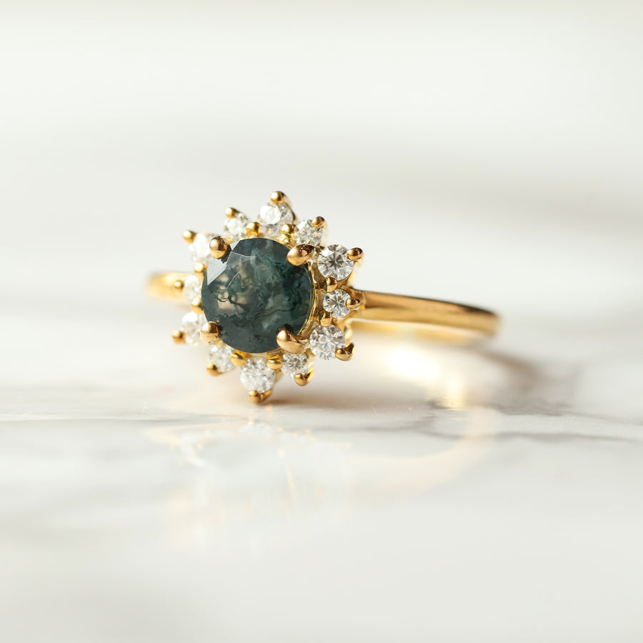Flora Round Moss Agate Ring with Halo Moissanite