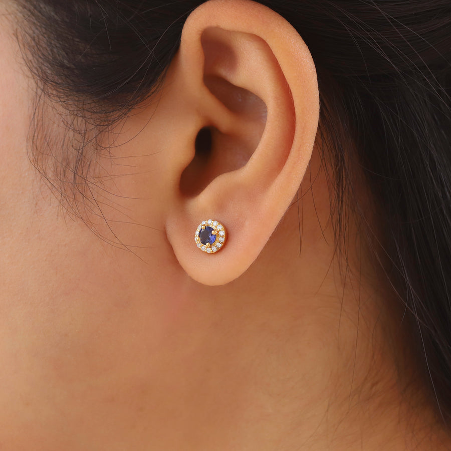 Valeria Iolite Circle Stud Earrings with Moissanite Halo