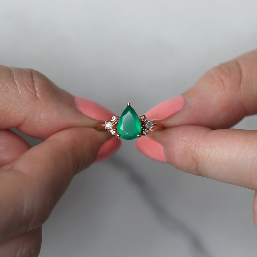 Aretha Pear Green Onyx Ring with Round Moissanite