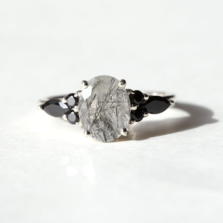 Lauryn Oval Black Rutile Quartz Ring with Black Spinel