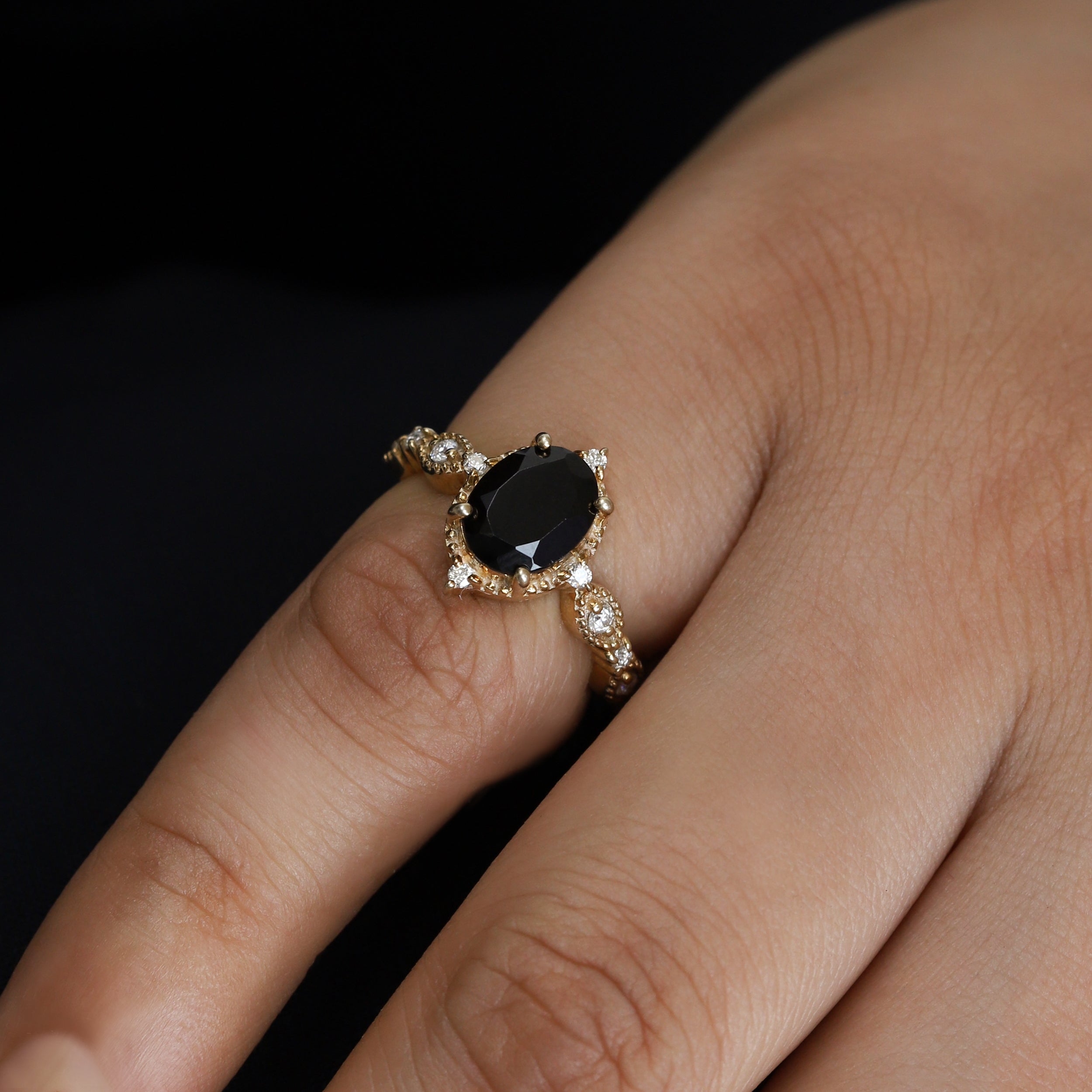 Amelia Oval Vintage Inspired Black Spinel Ring With Side