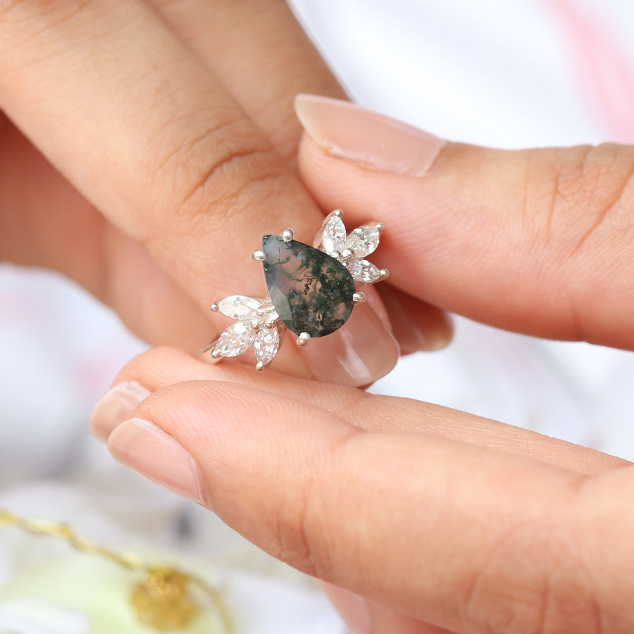 Monica Pear Moss Agate Ring with Petal Marquise Moissanite