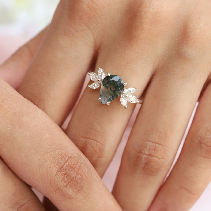 Monica Pear Moss Agate Ring with Petal Marquise Moissanite