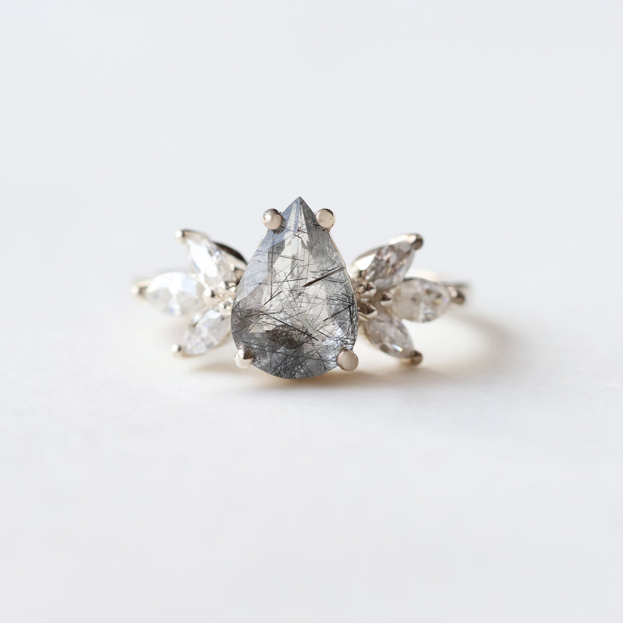 Monica Pear Black Rutile Ring with Petal Marquise Moissanite