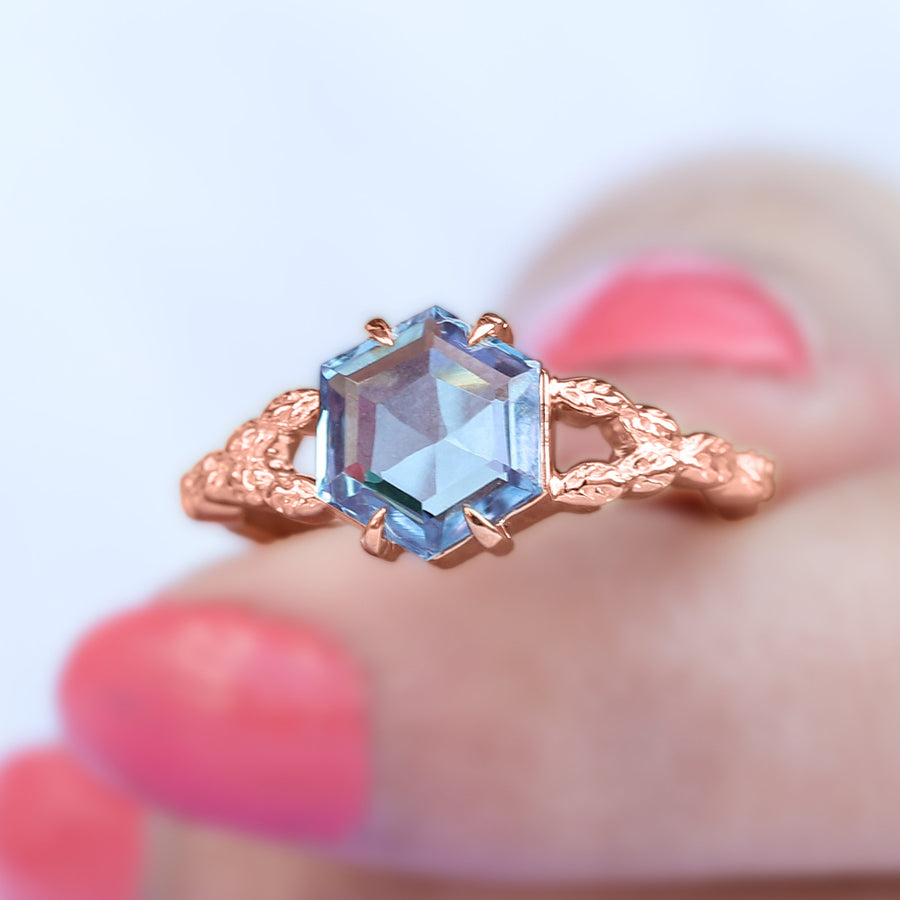 Gaia Hexagon Swiss Blue Topaz Ring with Leaves Band