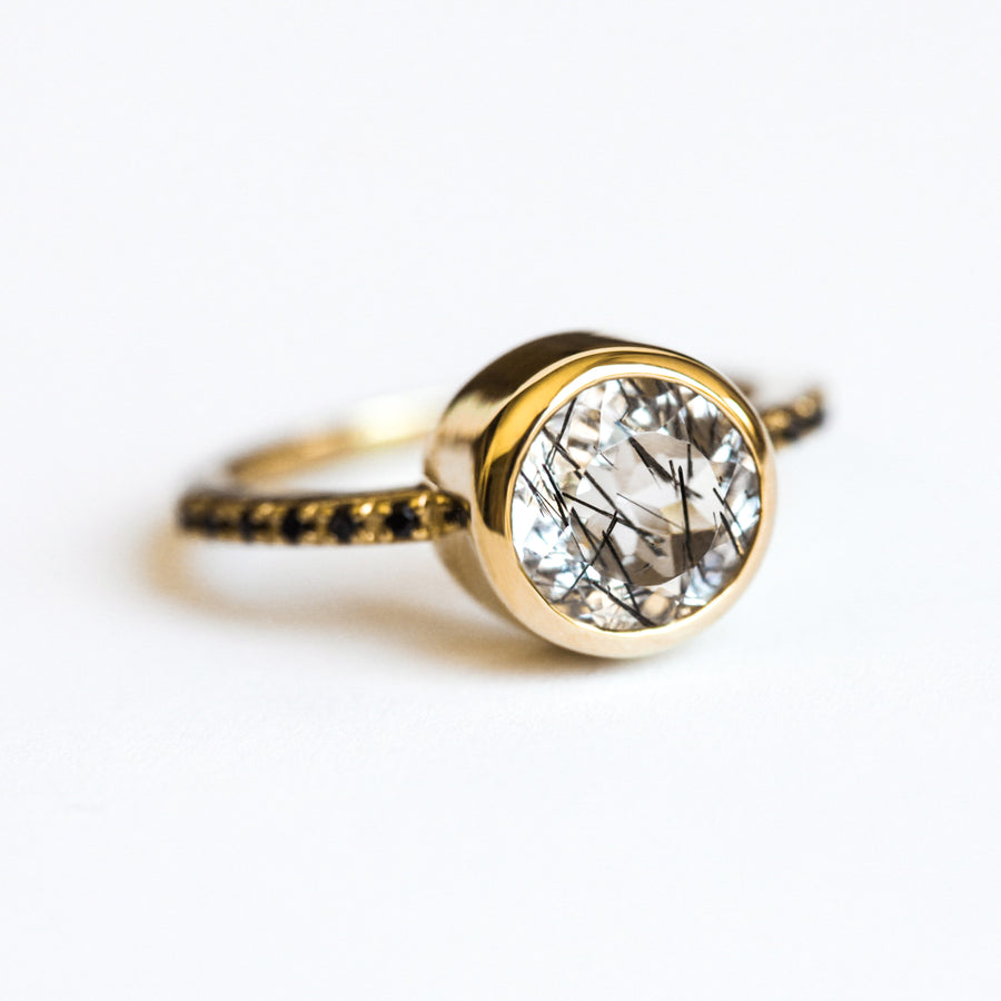 SUN ECLIPSE RING SET, DOUBLE CURVED JING JANG, CELESTIAL RING WITH ROUND BLACK RUTILE QUARTZ SOLITARE