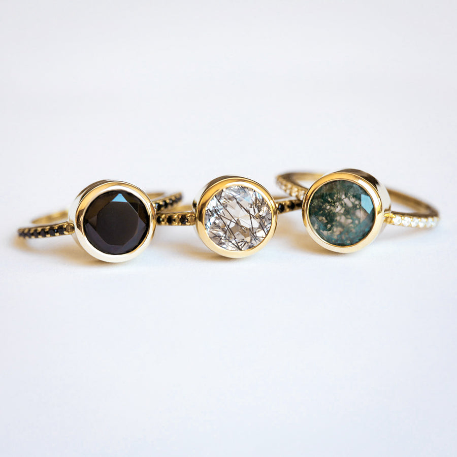 SUN ECLIPSE RING SET, DOUBLE CURVED JING JANG, CELESTIAL RING WITH ROUND BLACK RUTILE QUARTZ SOLITARE