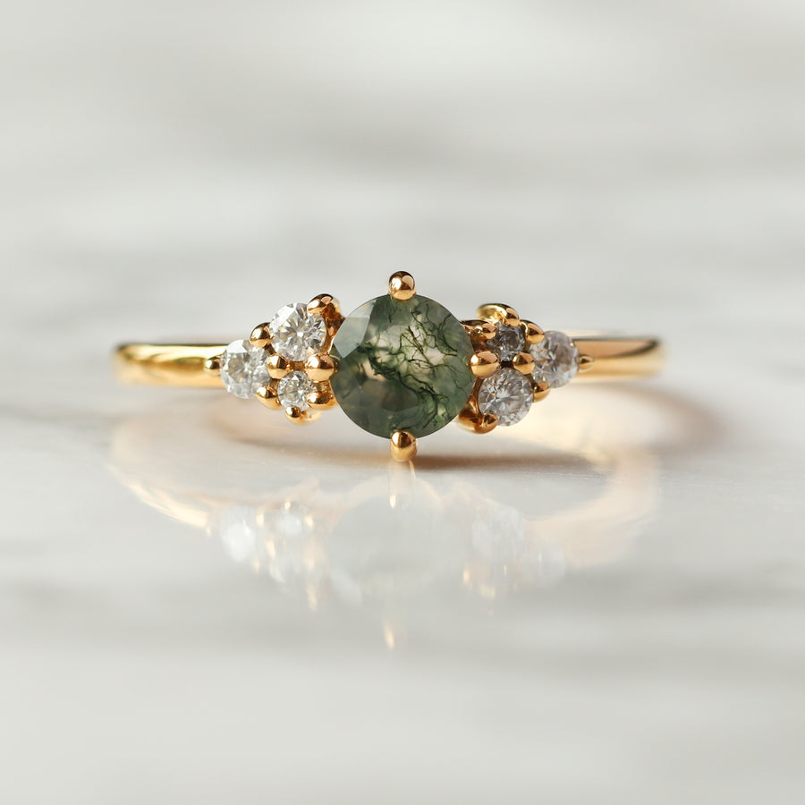 Irene Round Moss Agate with Moissanite Ring