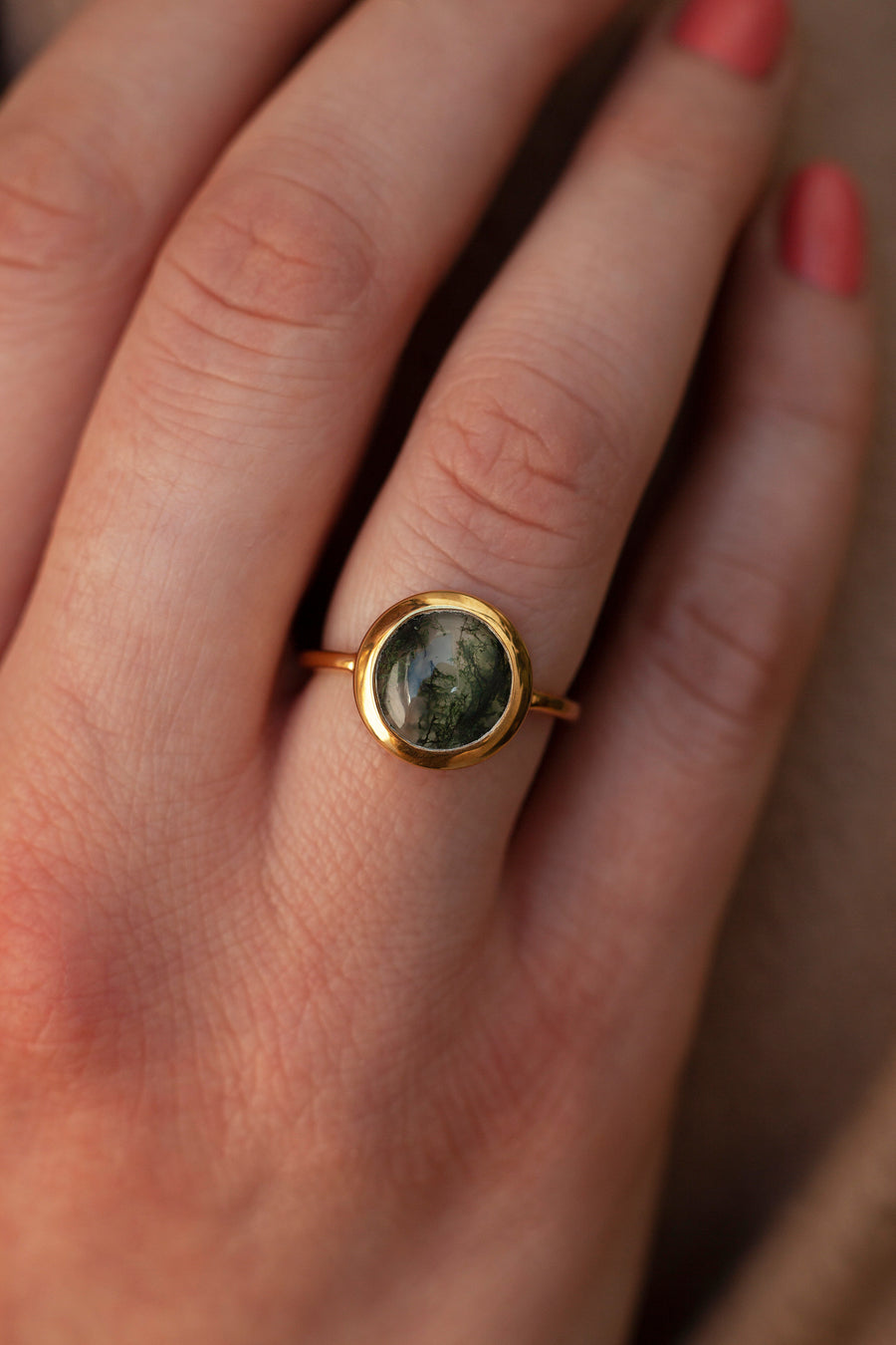 Juno Round Moss Agate Solitaire Ring