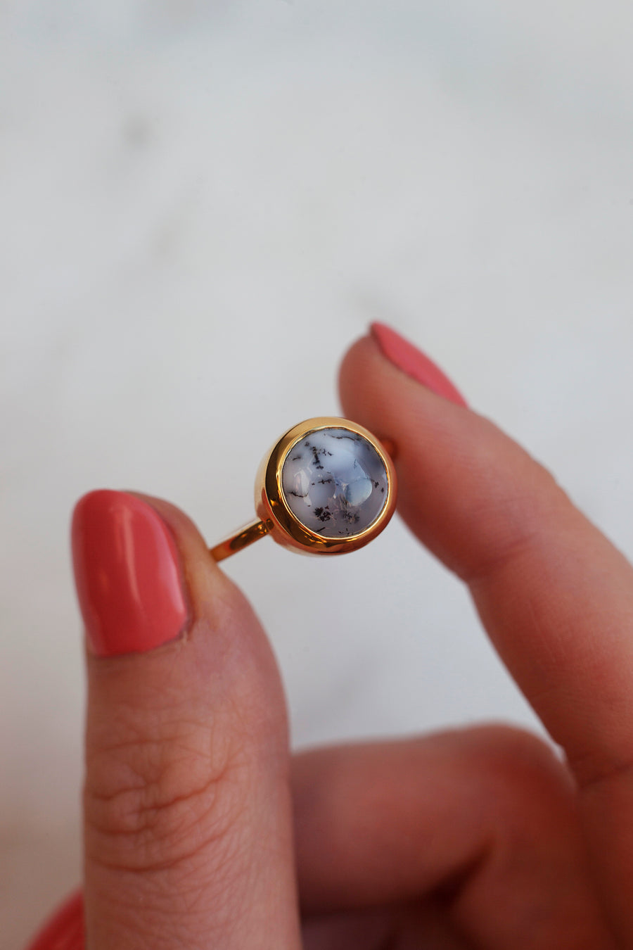 Juno Round Dendritic Opal Solitaire Ring