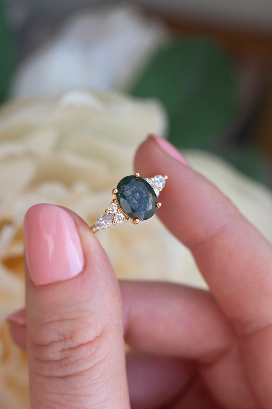 Lauryn Moss Agate Ring with side Moissanite