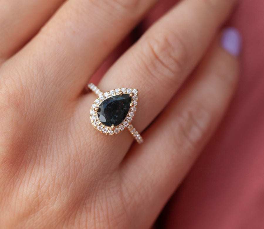 Britney Pear Moss Agate Ring with Moissanite Pave Halo