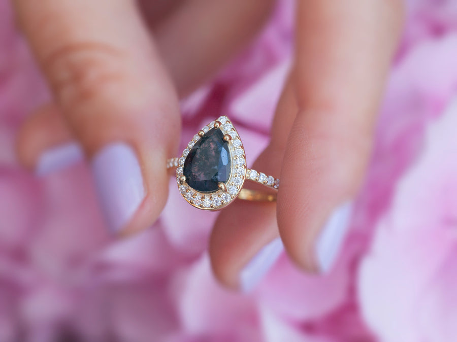 Britney Pear Moss Agate Ring with Moissanite Pave Halo