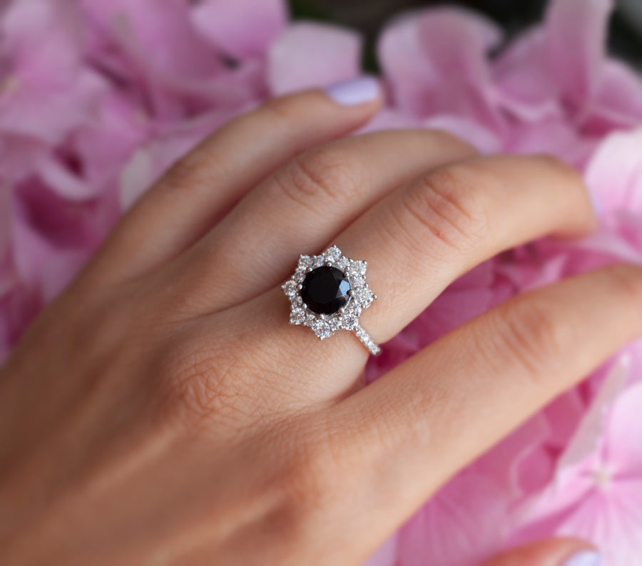 Jessica Round Black Spinel with Halo Moissanites