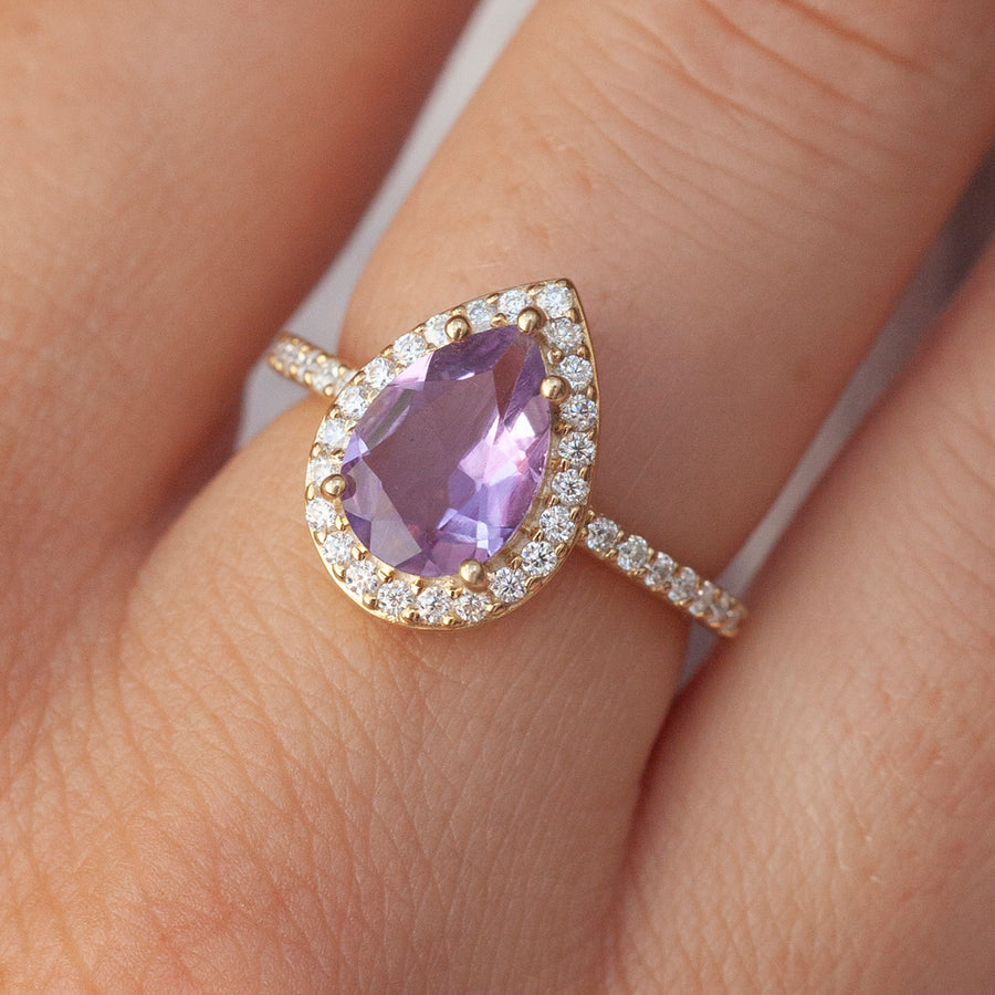 Britney Pear Amethyst Ring with Moissanite Pave Halo