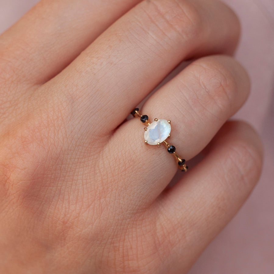 Ophelia Moonstone ring with Black Spinel