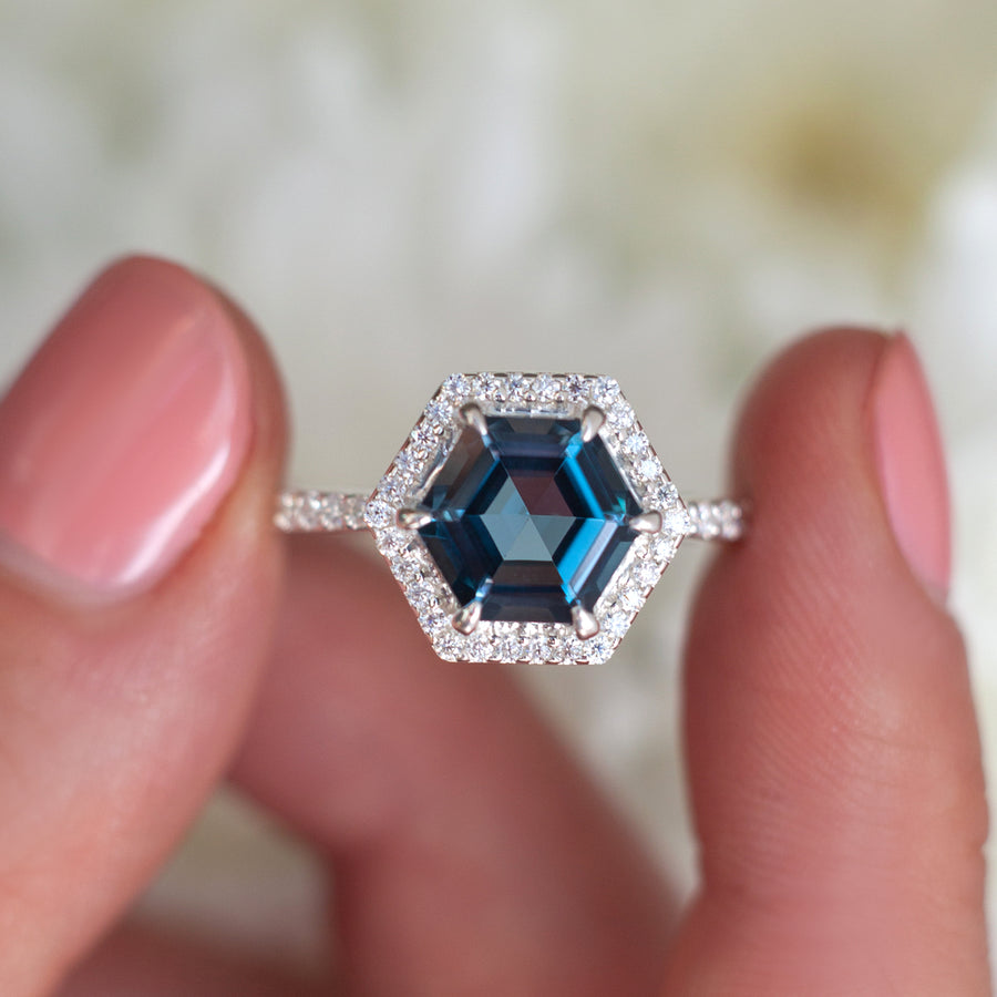 Audrey Hexagon London Blue Topaz Ring with Moissanite Halo