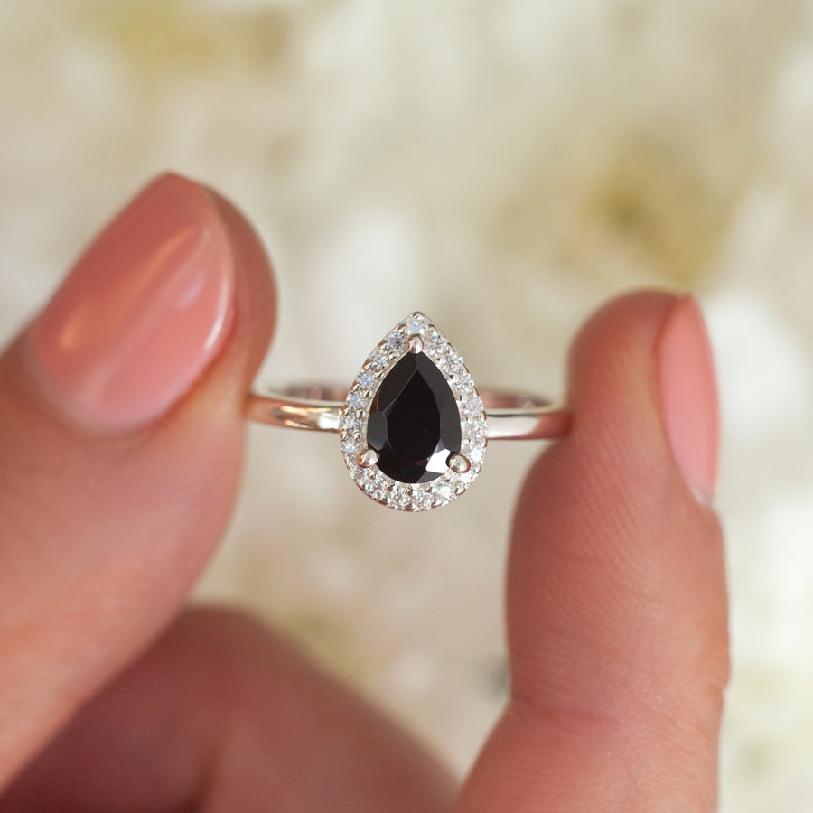 Tina Pear Black Spinel Ring with Halo Moissanites