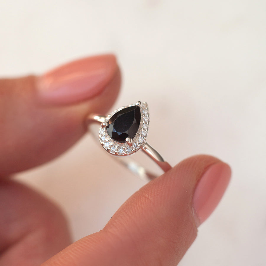 Tina Pear Black Spinel Ring with Halo Moissanites
