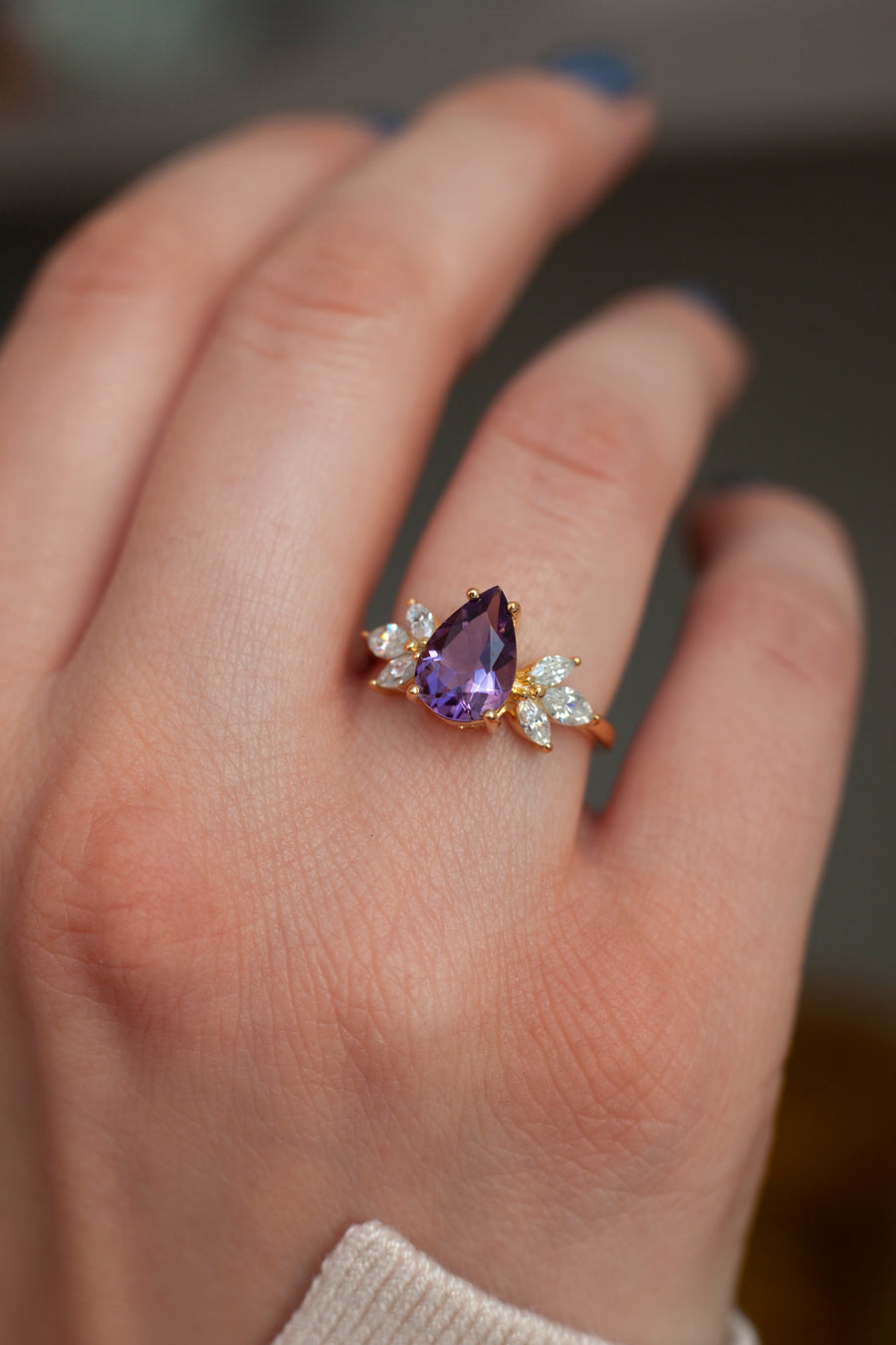 Monica Pear Amethyst Ring with Petal Marquise Moissanite