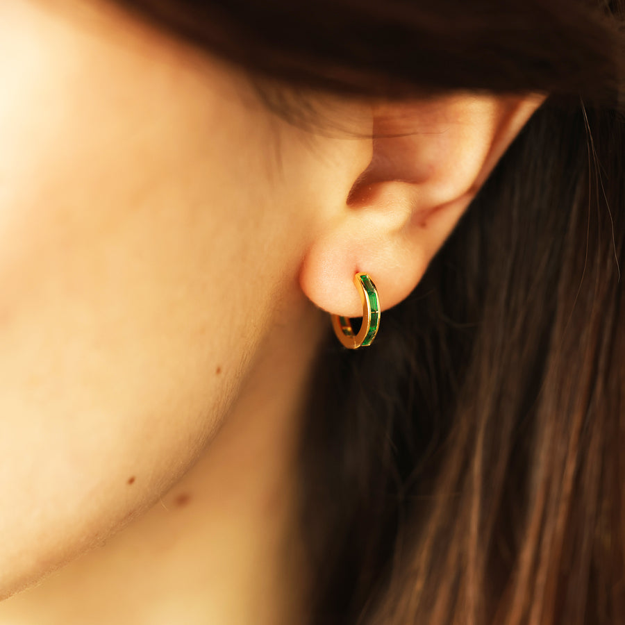 Gold lab emerald hoop earrings