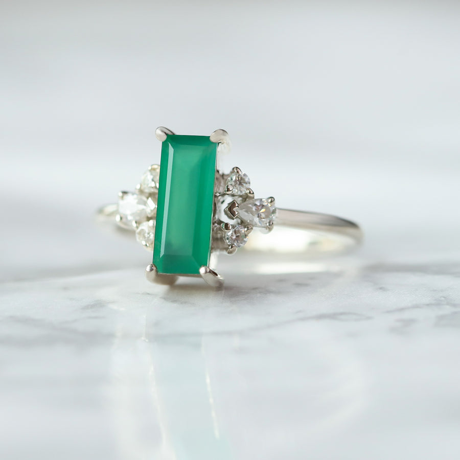 Sarah Green Onyx Baguette Ring with side Moissanite