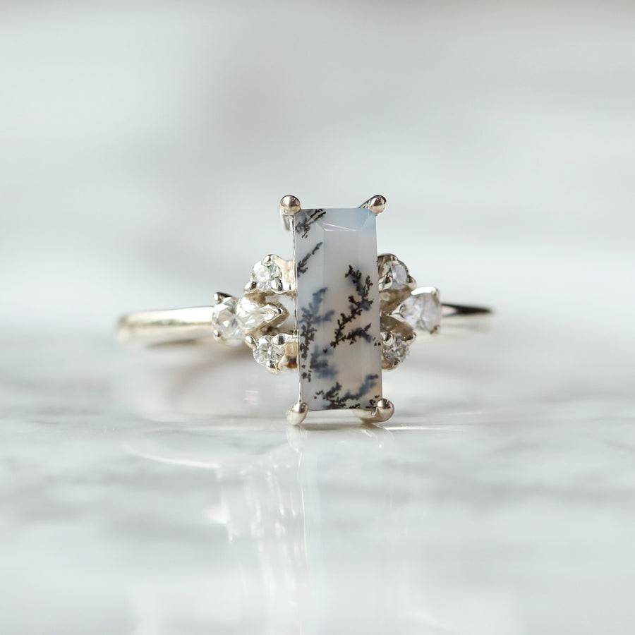Sarah Dendritic Opal Baguette Ring with side Moissanite