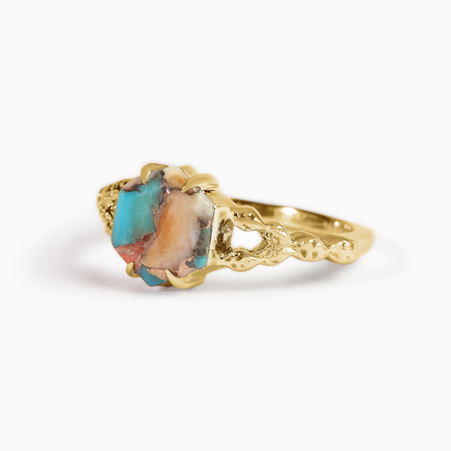 Gaia Hexagon Oyster Turquoise Ring with Leaves Band