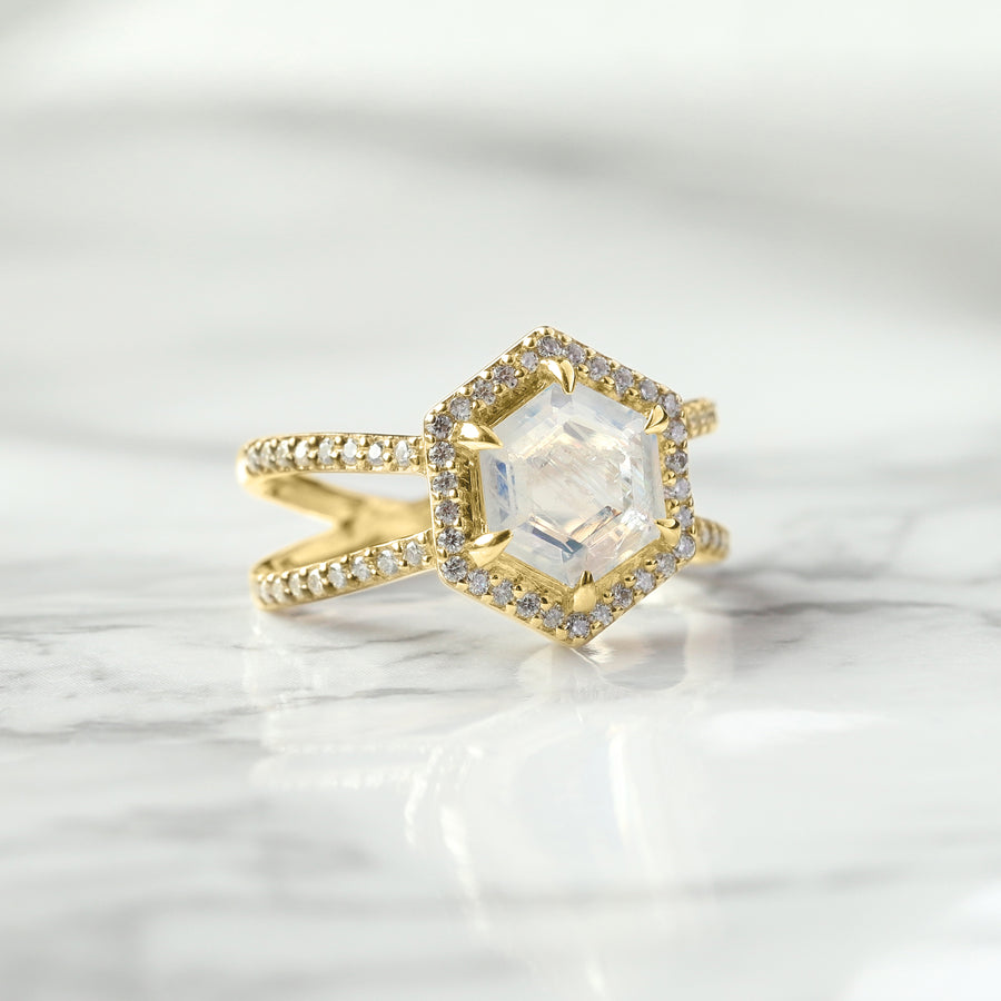 Serena Hexagon Moonstone Ring with Double Pave Band