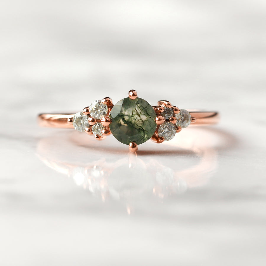 Irene Round Moss Agate with Moissanite Ring