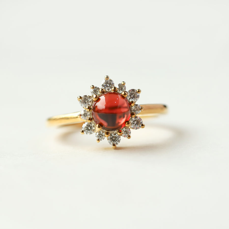 Flora Round Garnet Cabochon Ring with Halo Moissanite