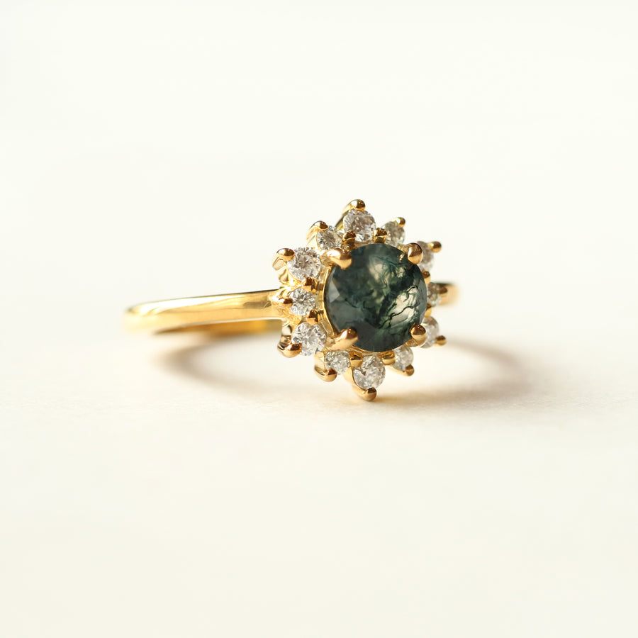 Flora Round Moss Agate Ring with Halo Moissanite