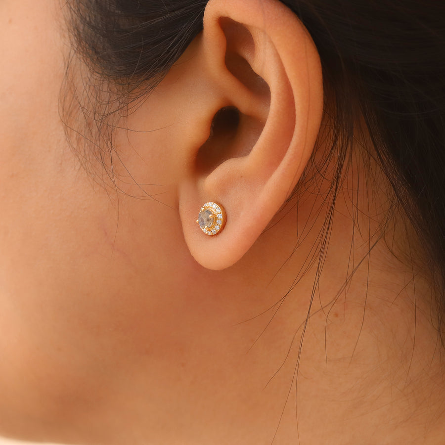 Valeria Labradorite Circle Stud Earrings with Moissanite Halo