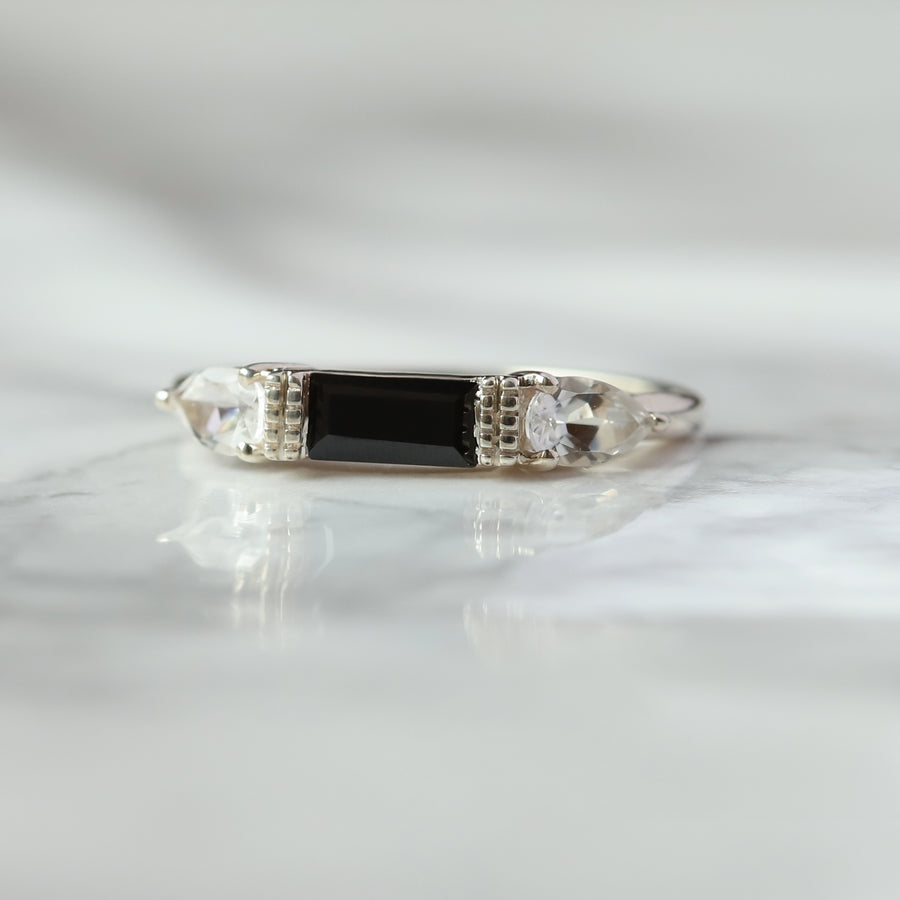 Tania Black Spinel Baguette Ring with White Topaz