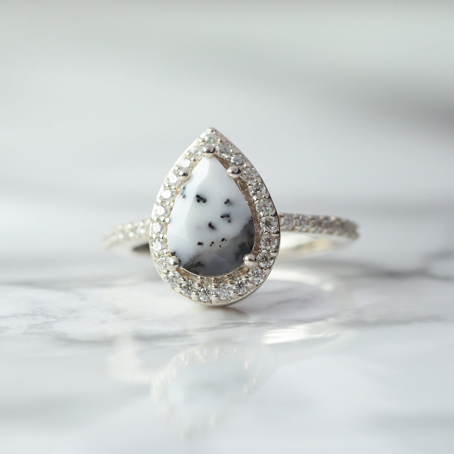 Britney Pear Dendritic Opal Ring with Moissanite Pave Halo