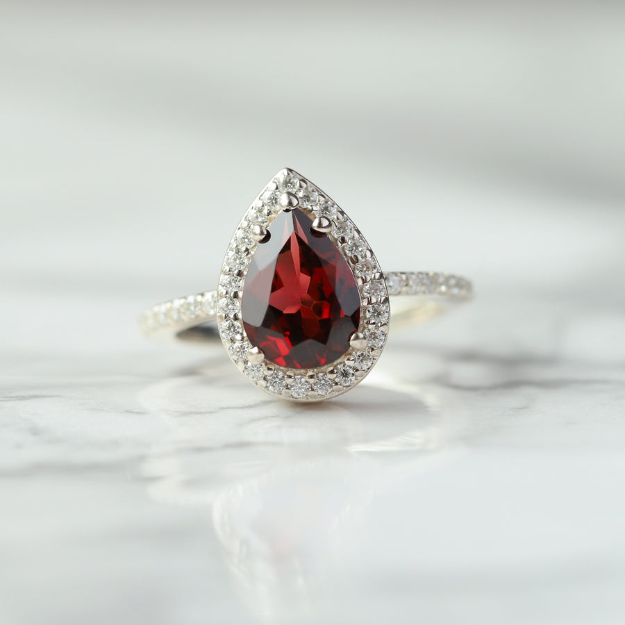 Britney Pear Garnet Ring with Moissanite Pave Halo
