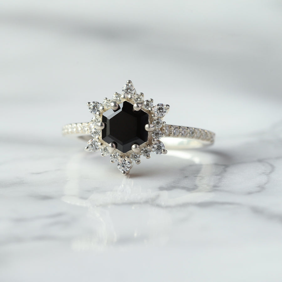 Cleo Black Spinel Ring with side Moissanites