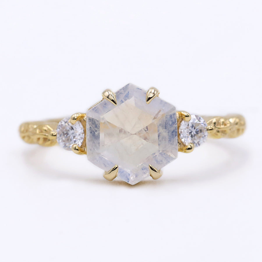 Vista Hexagon Moonstone Ring with Leaves Band