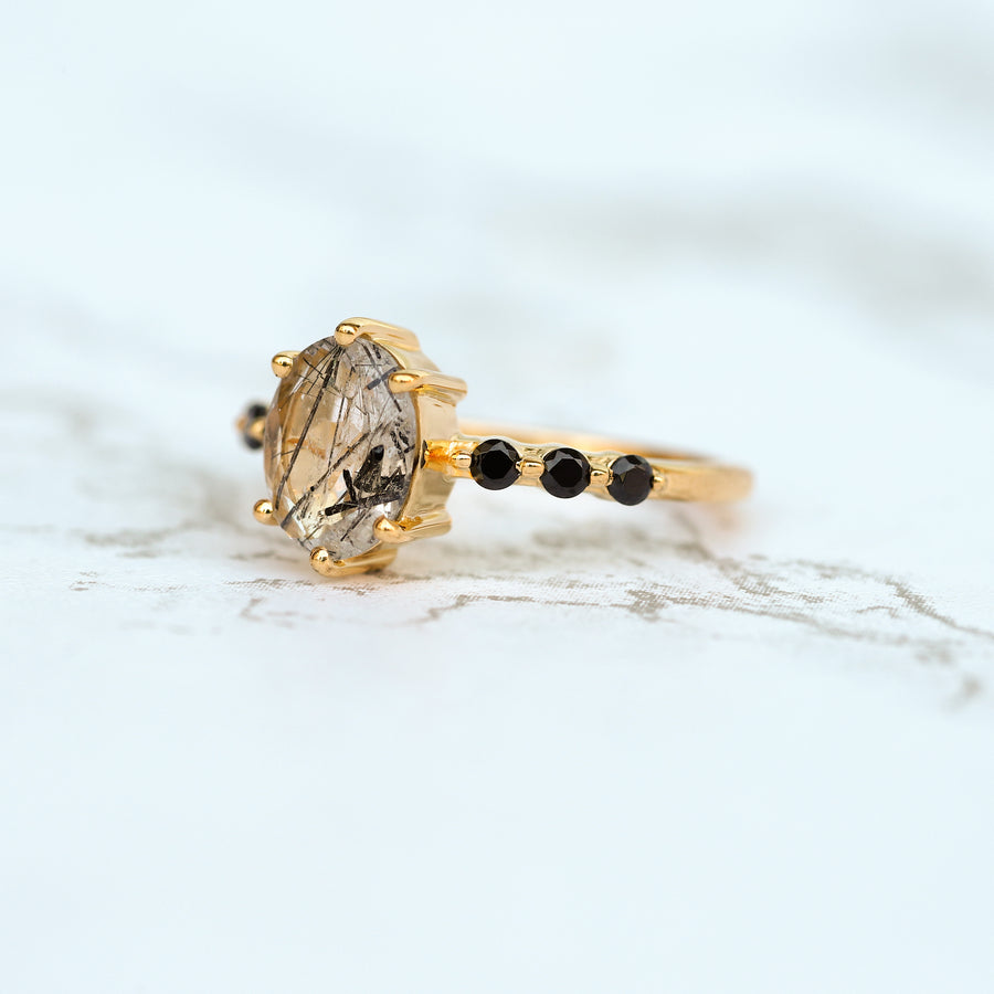 Stella Oval Solitaire Black Rutile Ring with Black Spinel