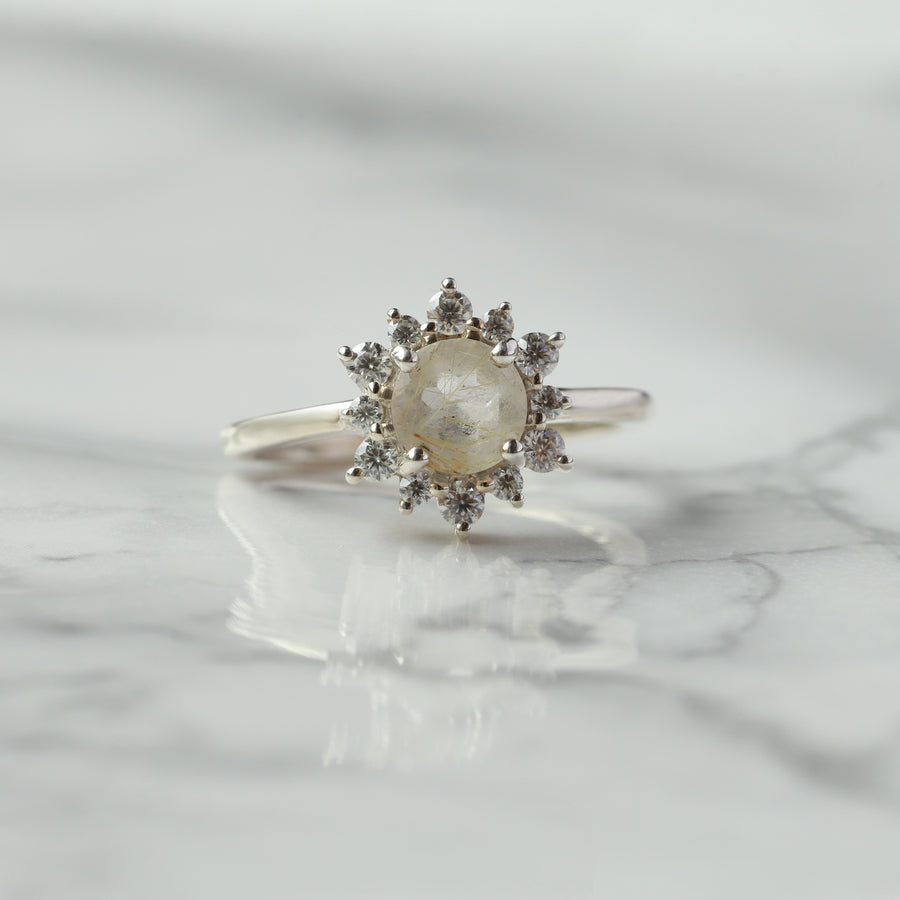 Flora Round Golden Rutile Ring with Halo Moissanite