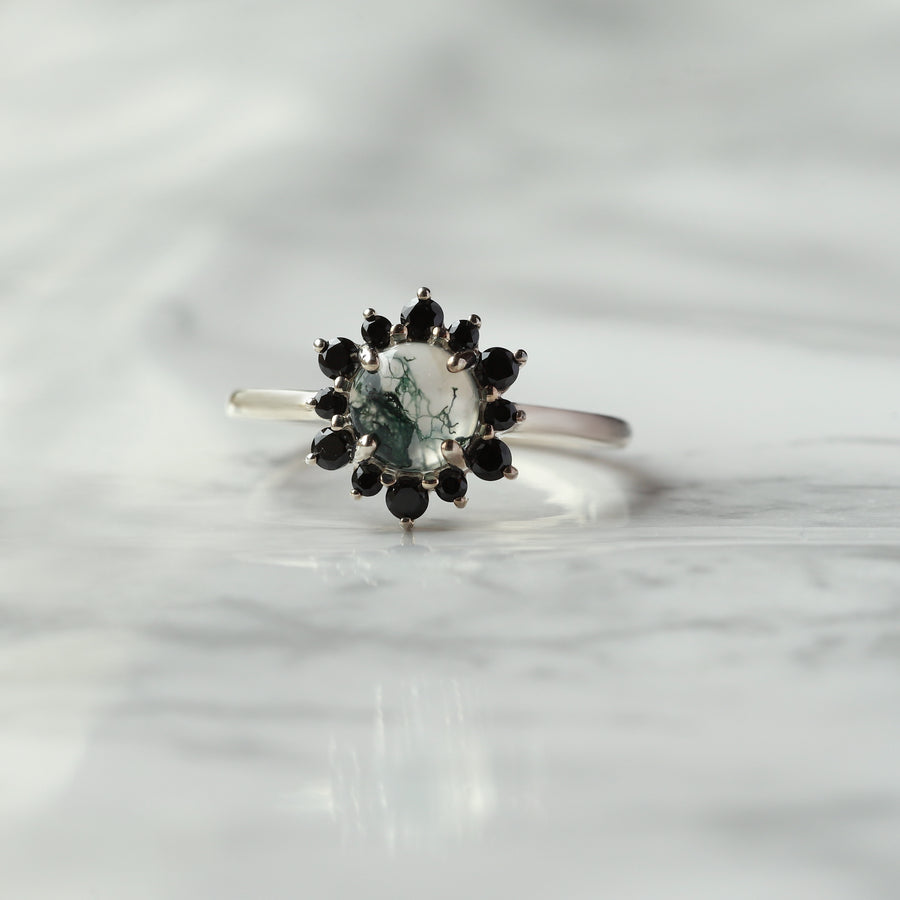 Flora Round Moss Agate Ring with Black Spinel