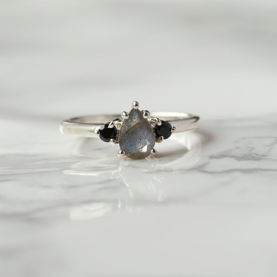 Sienna Pear Labradorite Ring with side Black Spinel