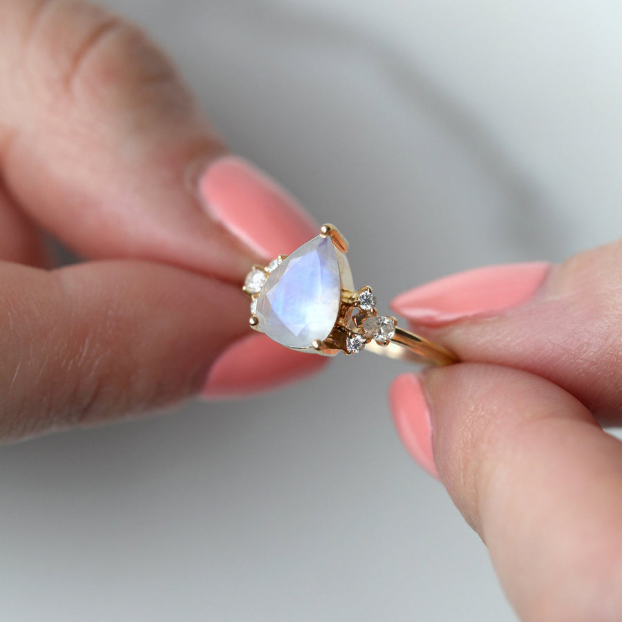 Aretha Pear Moonstone Ring with Round Moissanite