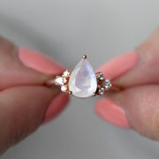 Aretha Pear Moonstone Ring with Round Moissanite
