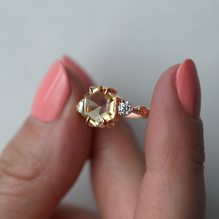 Vista Hexagon Citrine Ring with Leaves Band