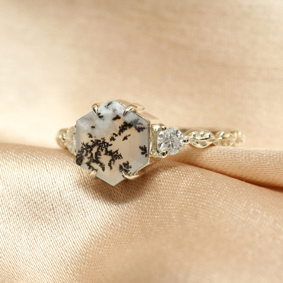 Vista Hexagon Dendritic Opal Ring with Leaves Band