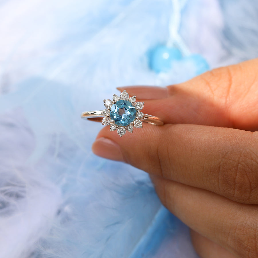 Flora Round Swiss Blue Topaz Ring with Halo Moissanite