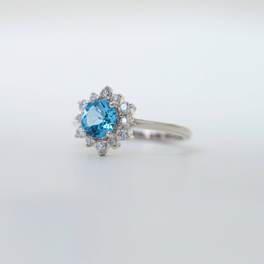 Flora Round Swiss Blue Topaz Ring with Halo Moissanite