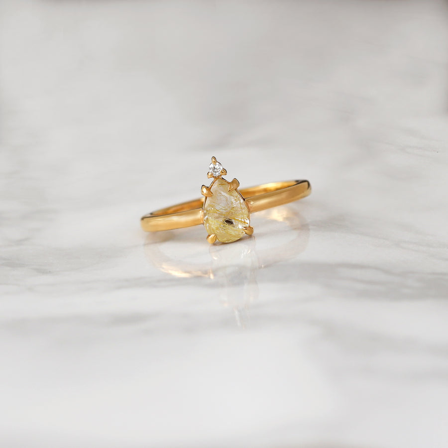 Eva Queen Pear Golden Rutile Quartz Ring with Moissanite